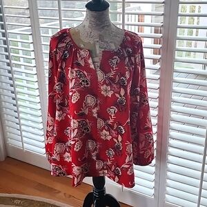 Lane Bryant Red Floral Long Sleeve Blouse - Size 14/16